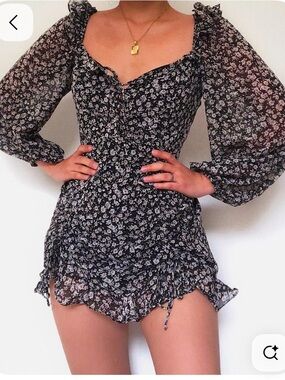 ACOA black&white floral print long sleeve ruched mini pirate fairy flirty dress